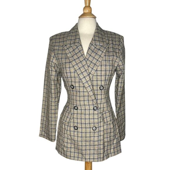Wrapper Vintage Plaid Fitted Blazer Double Breasted Buttons Neutral Preppy O7 - Picture 1 of 10